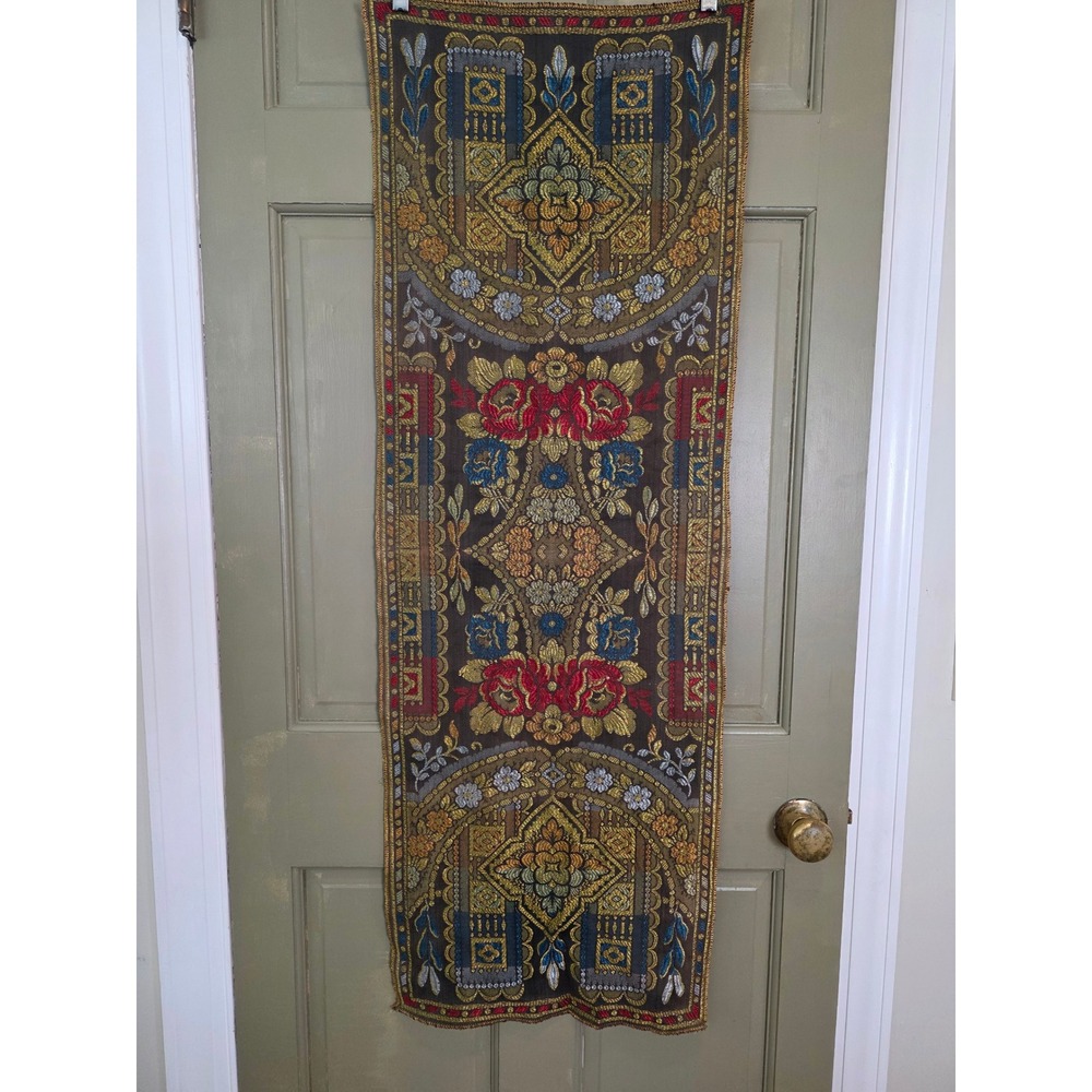 Vintage Woven Tapestry Floral Damask Table Runner Wall Hanging Gold Red Blue